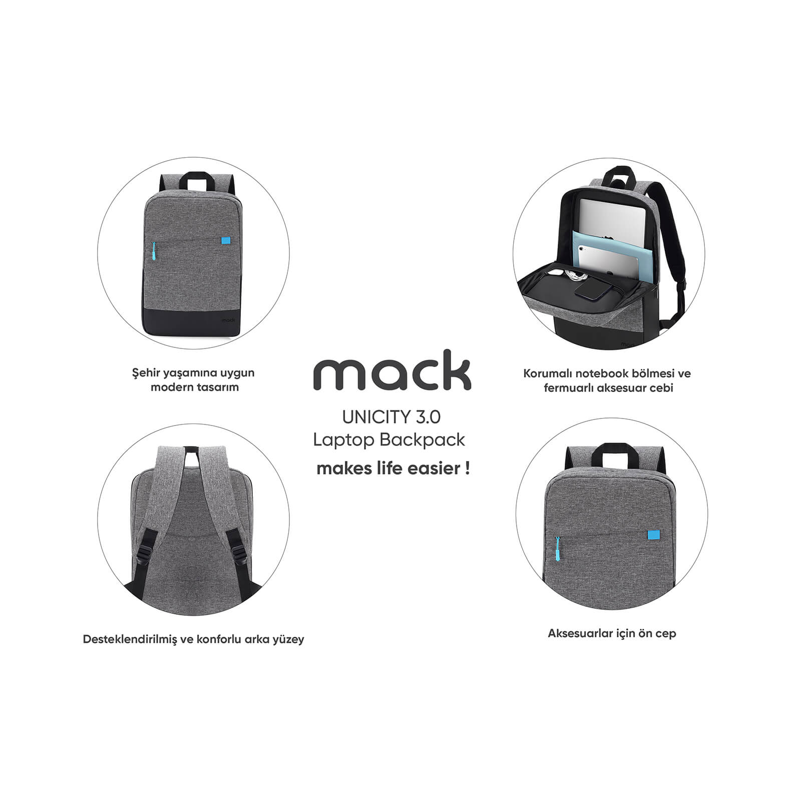 MACK MCC-606 15.6" UNICITY 3.0 Notebook Sırt Çantası Gri görseli 7