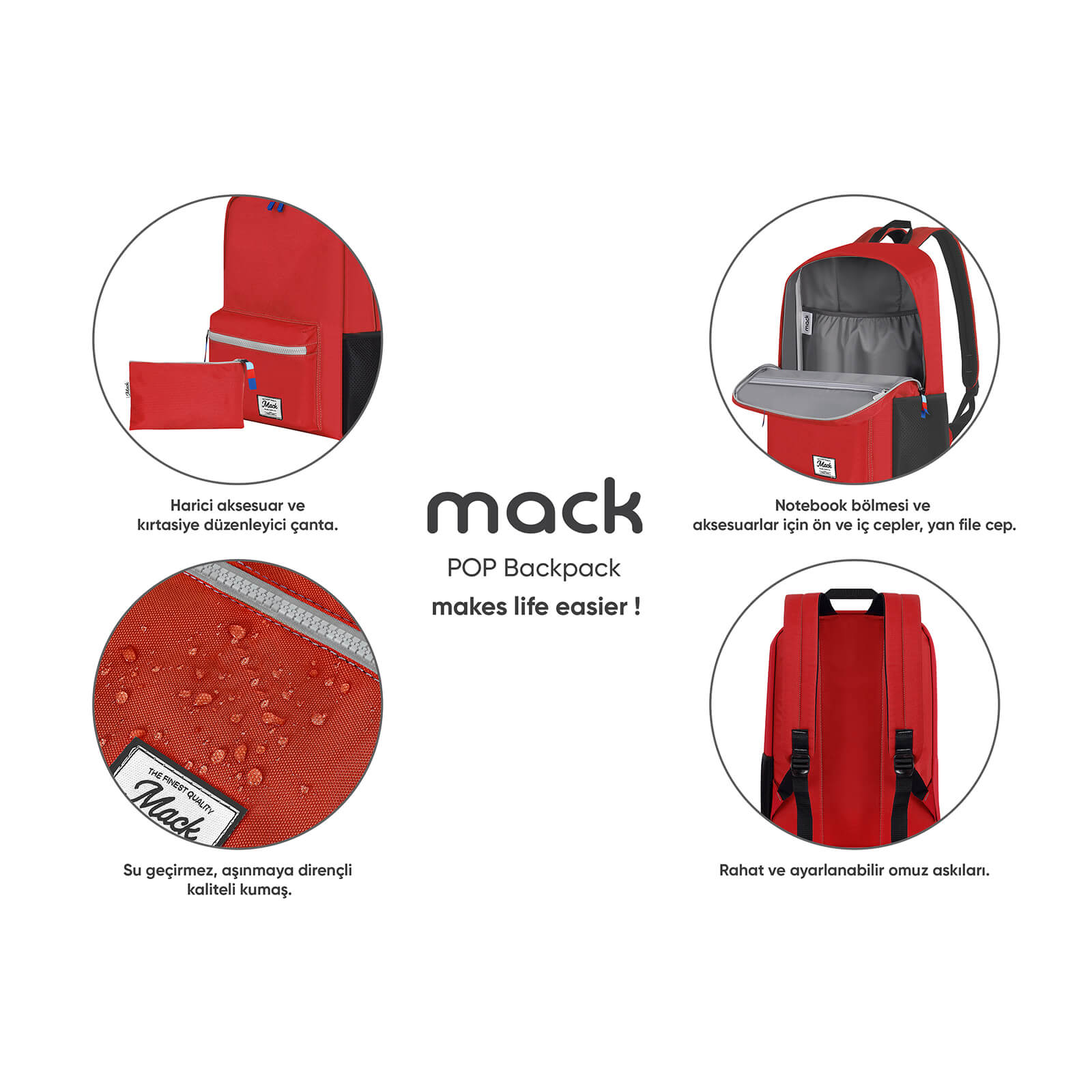 MACK MCK-003 POP Sırt Çantası Kırmızı görseli 10