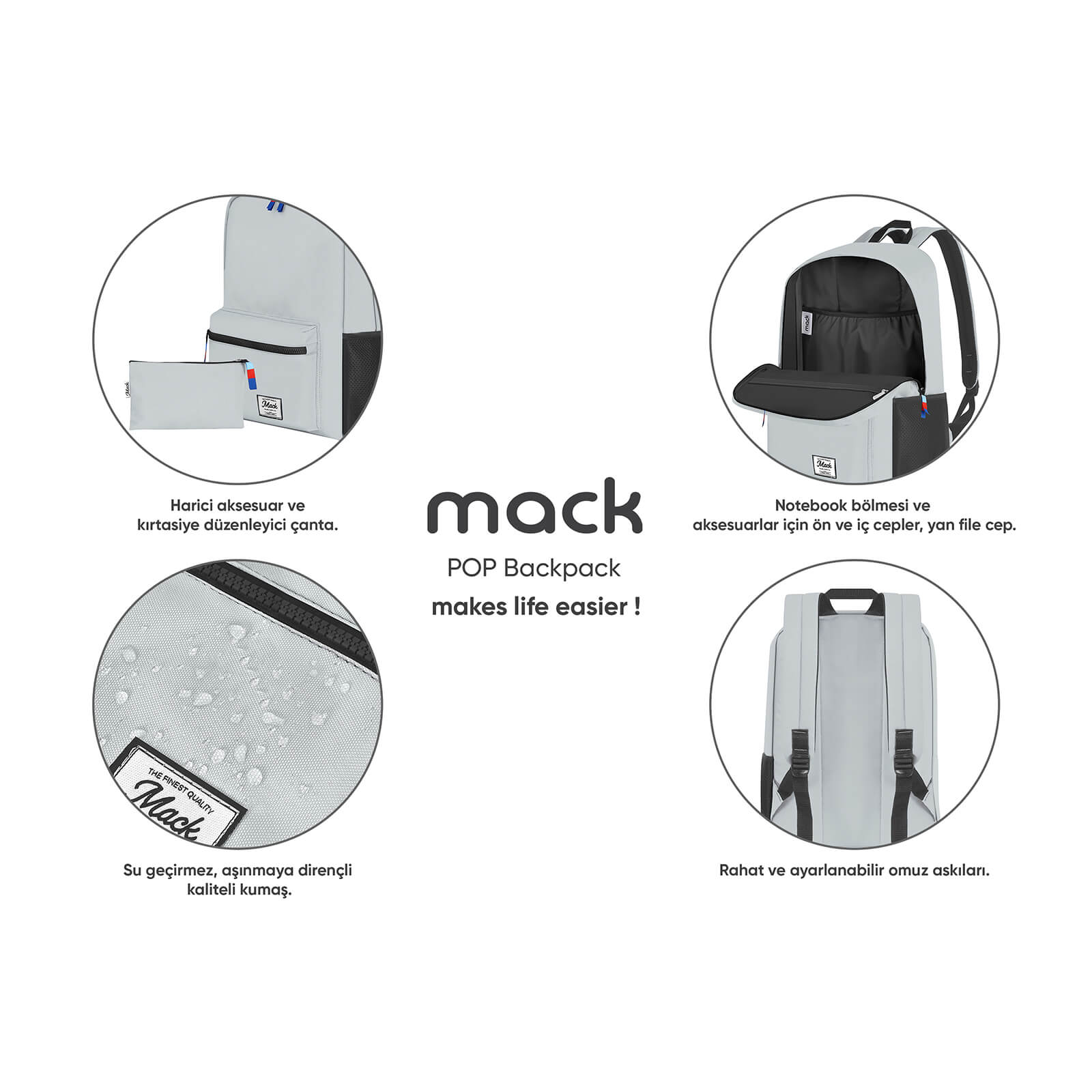 MACK MCK-007 POP Sırt Çantası Gri görseli 10