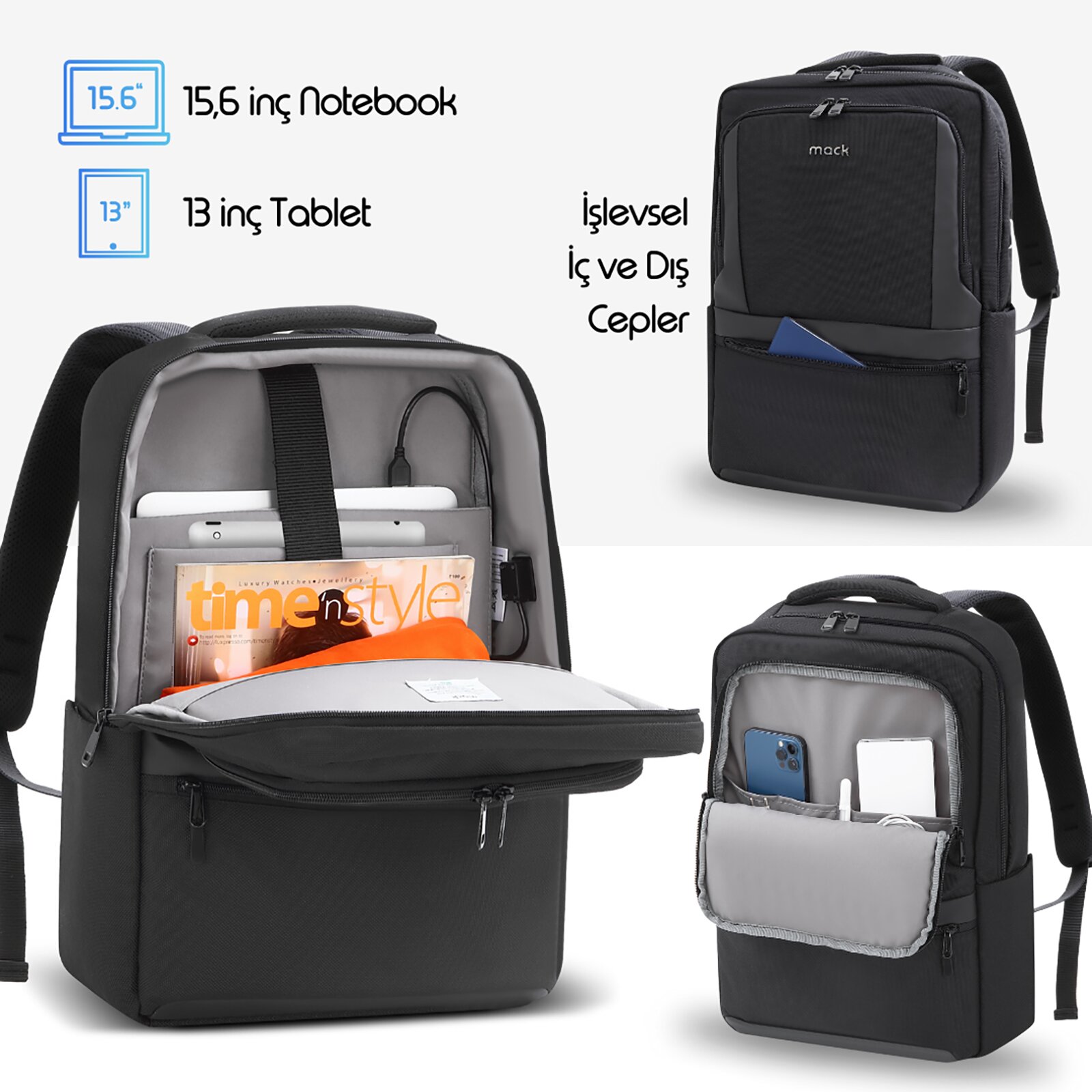 MACK MCE-1202 15.6" OFFICE Pro-1 Eco Notebook Sırt Çantası Siyah görseli 3
