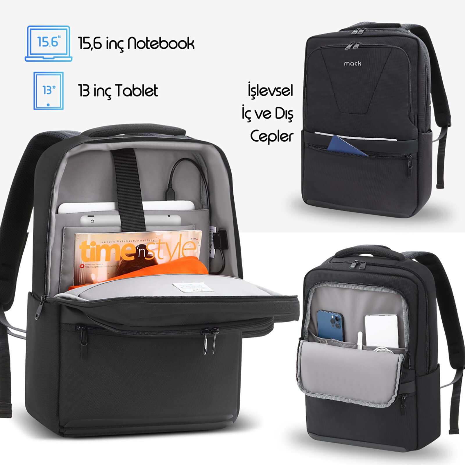 MACK MCE-1203 15.6" OFFICE Pro-2 Eco Notebook Sırt Çantası Siyah görseli 3