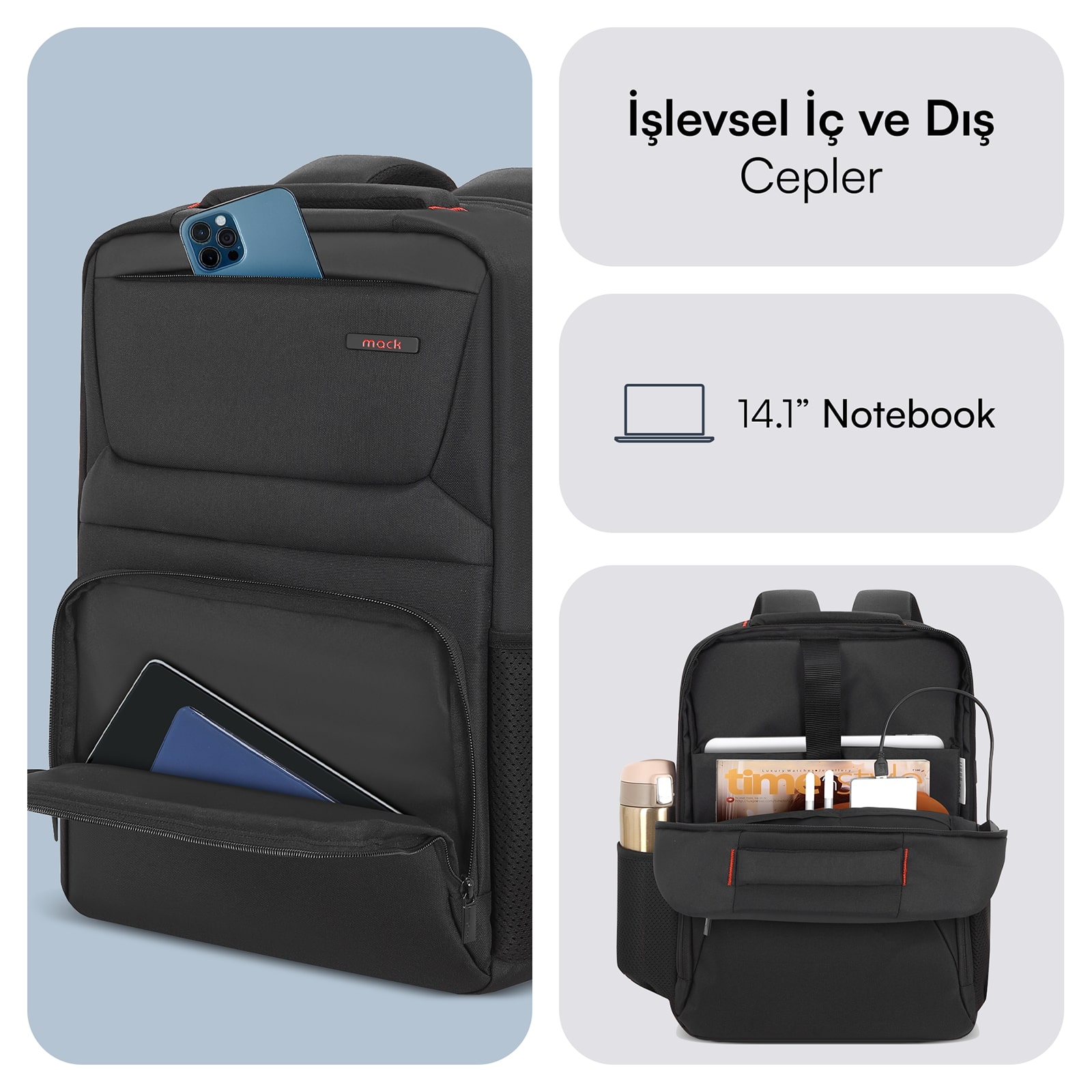MACK MCC-804 14.1" Business X Notebook Sırt Çantası Siyah görseli 3