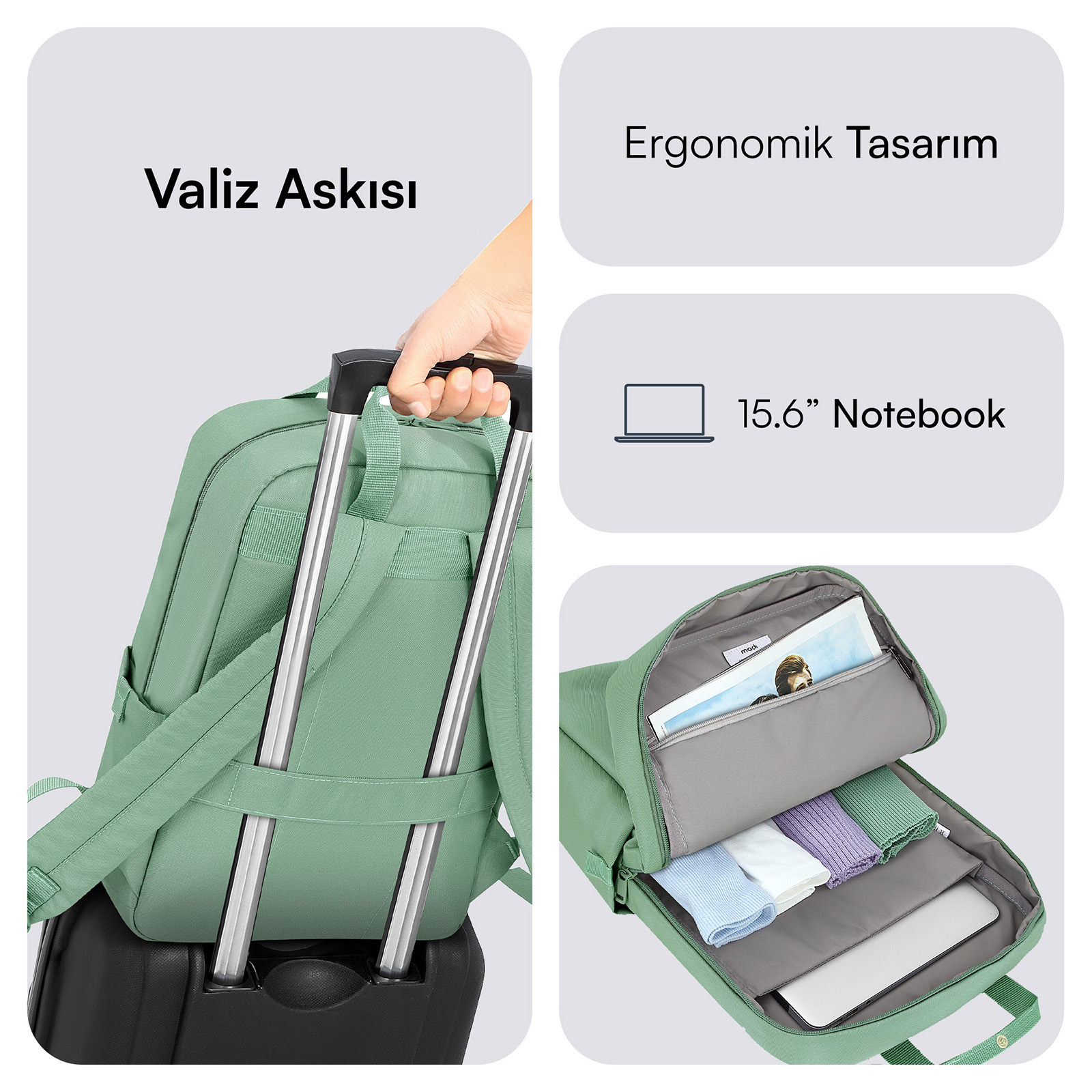 MACK MCE-1525 15.6" NOVA Eco Notebook Sırt Çantası Yeşil görseli 4