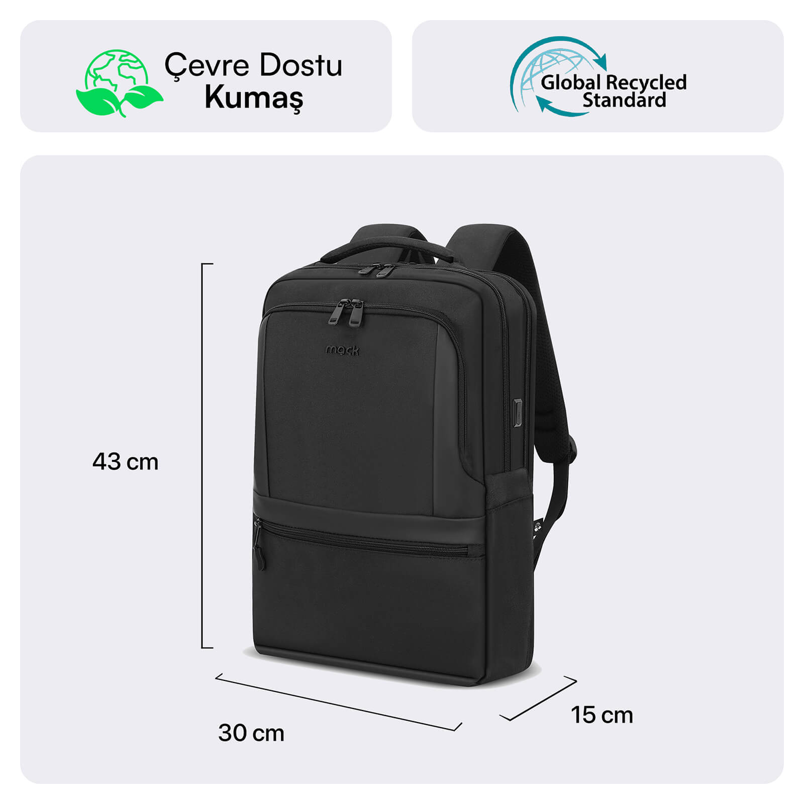MACK MCE-1212 16" OFFICE Pro-3 Eco Notebook Sırt Çantası Siyah görseli 2