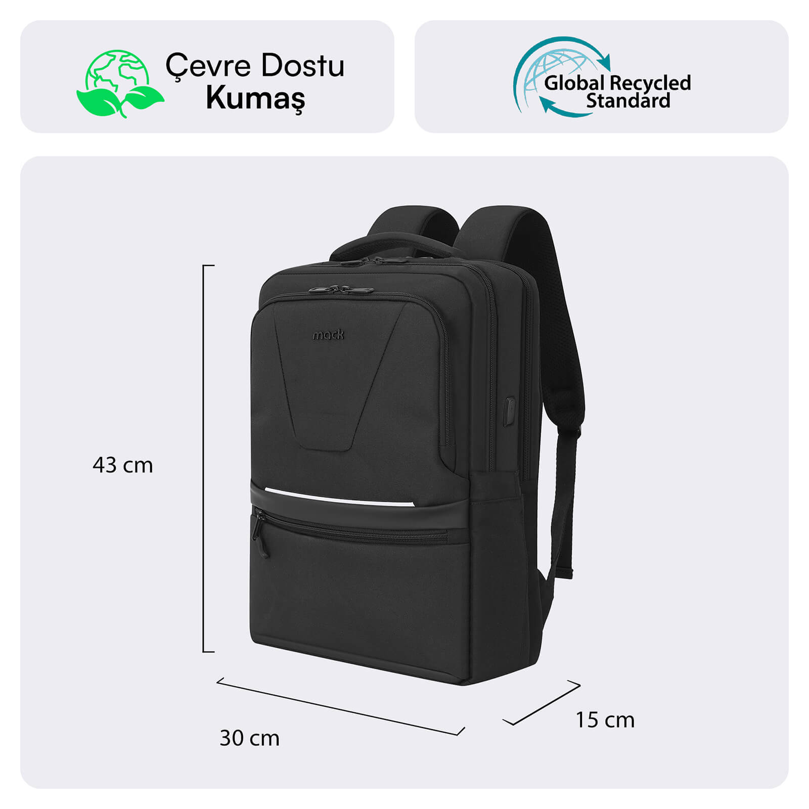 MACK MCE-1213 16" OFFICE Pro-4 Eco Notebook Sırt Çantası Siyah görseli 2